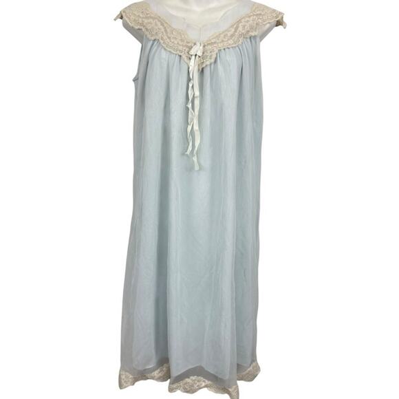 Snowdon Womens Vintage Blue Lace Chiffon Nightown Sleepwear Dress Lingerie sz M